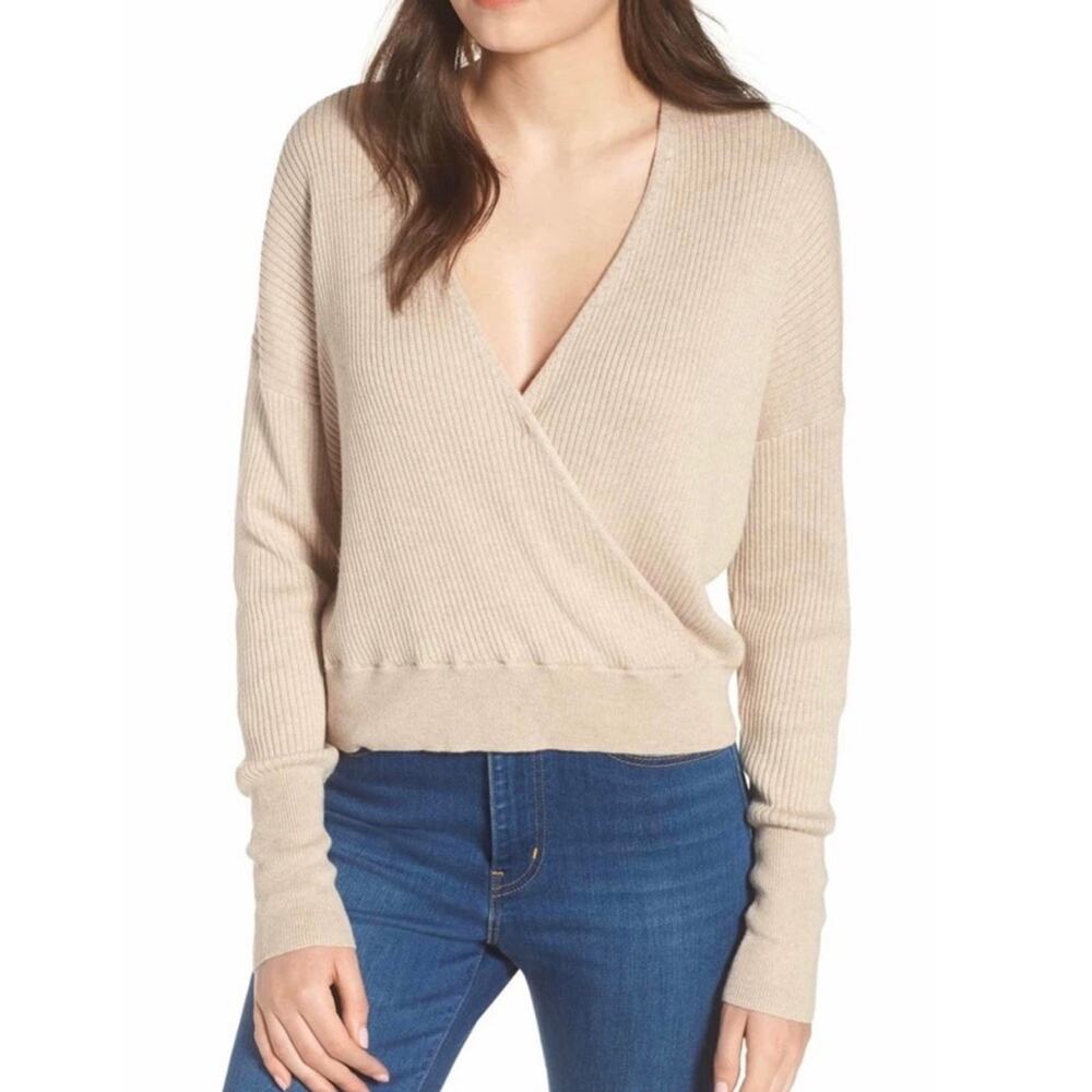 Leith Surplice Wrap Rib Sweater in Beige XXS